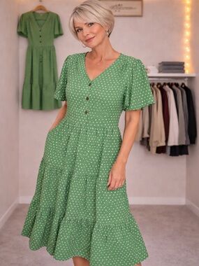 Monteau Los Angeles Green Polka Dot Tiered Dress – Size Large